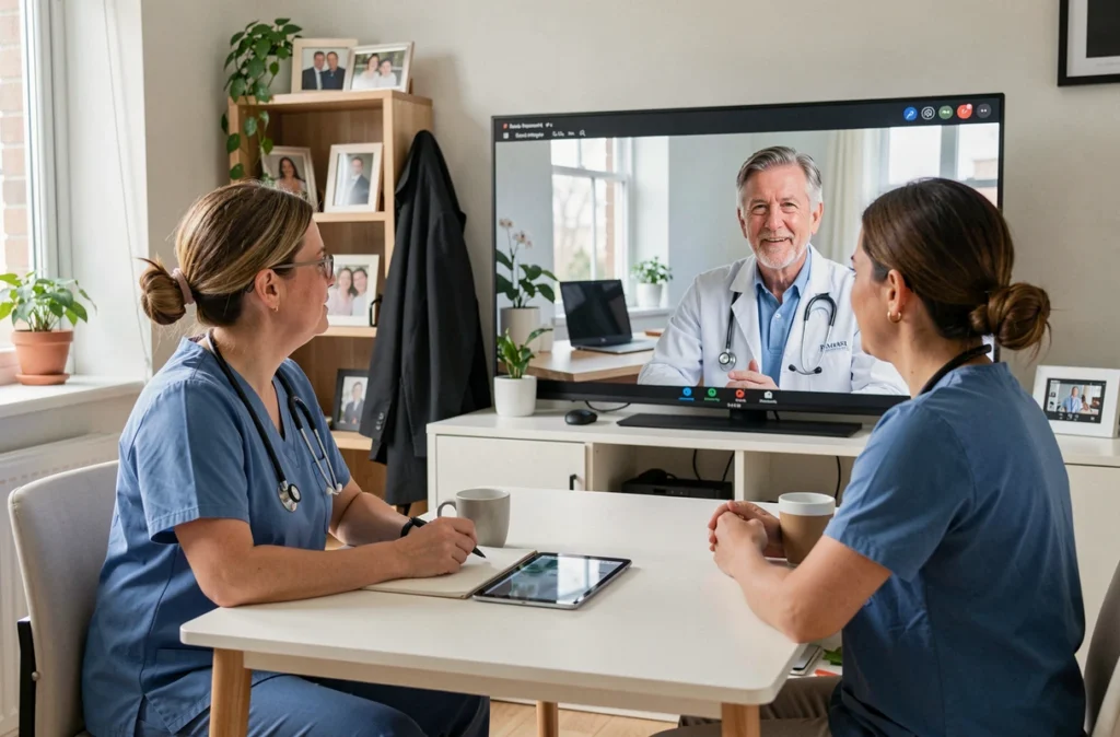 Infirmière et médecin en réunion de télétravail par visioconférence, illustrant la coordination soignante à distance