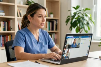 Infirmière en téléconsultation depuis son bureau à domicile, illustrant le télétravail dans le secteur médical