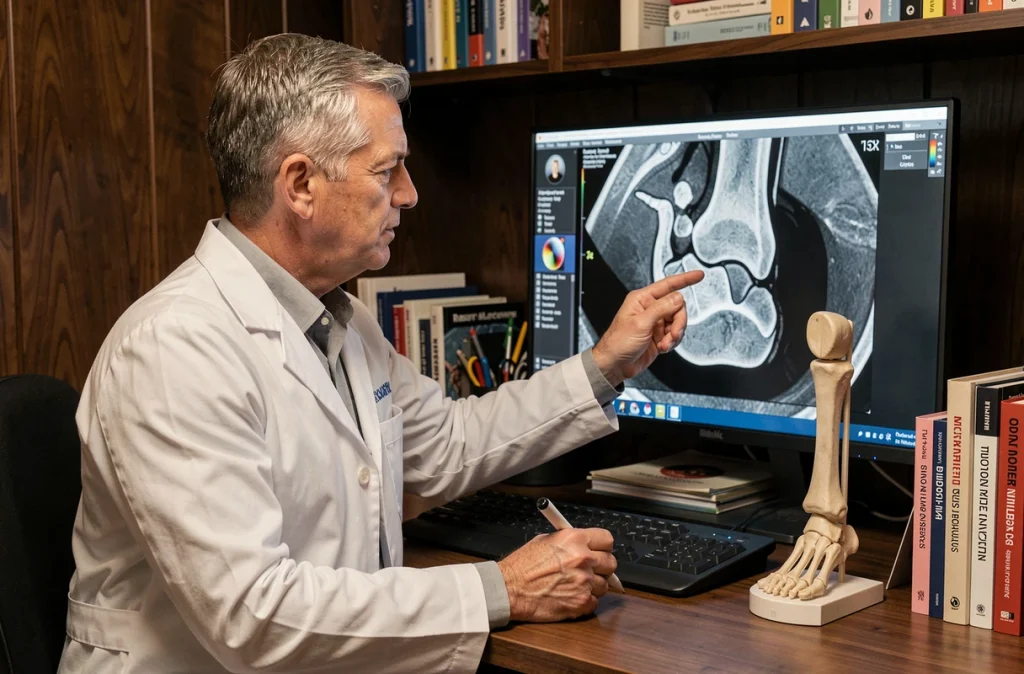 Médecin du sport analysant une IRM du talon gauche sur écran médical