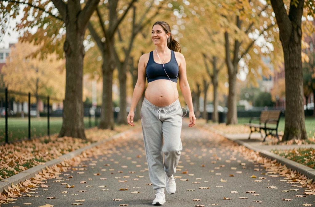 Femme enceinte marchant dans un parc urbain en automne avec une tenue de sport adaptée à la maternité