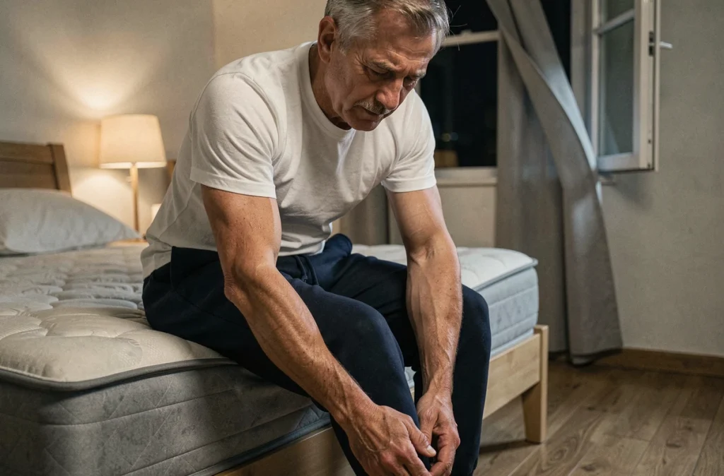 Homme massant ses mollets la nuit assis au bord du lit pour calmer les douleurs nocturnes dans les jambes