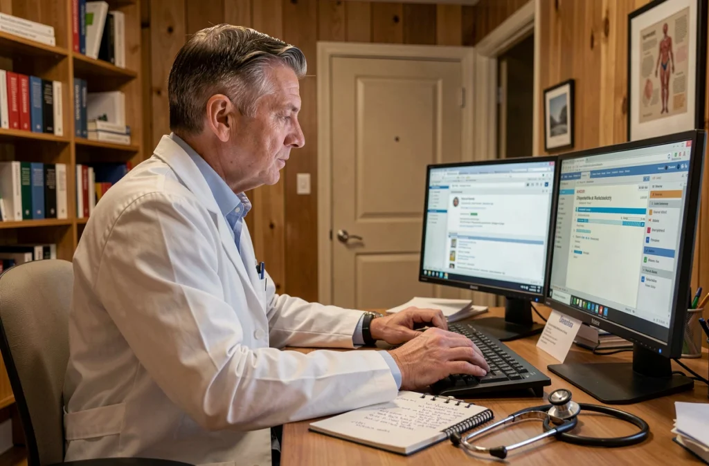 Médecin libéral consultant des dossiers patients sur ordinateur depuis son cabinet à domicile en télétravail