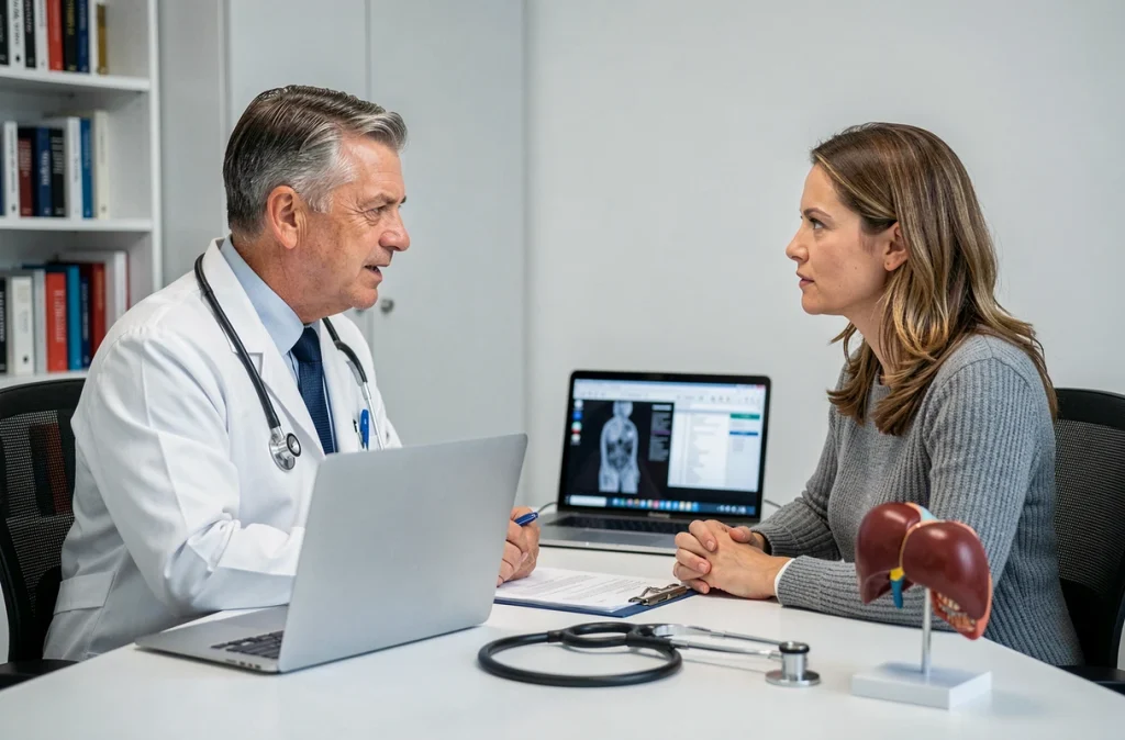 Médecin expliquant un diagnostic hépatique à une patiente en cabinet médical, illustrant la détection de la maladie de Gilbert et d'un cancer silencieux