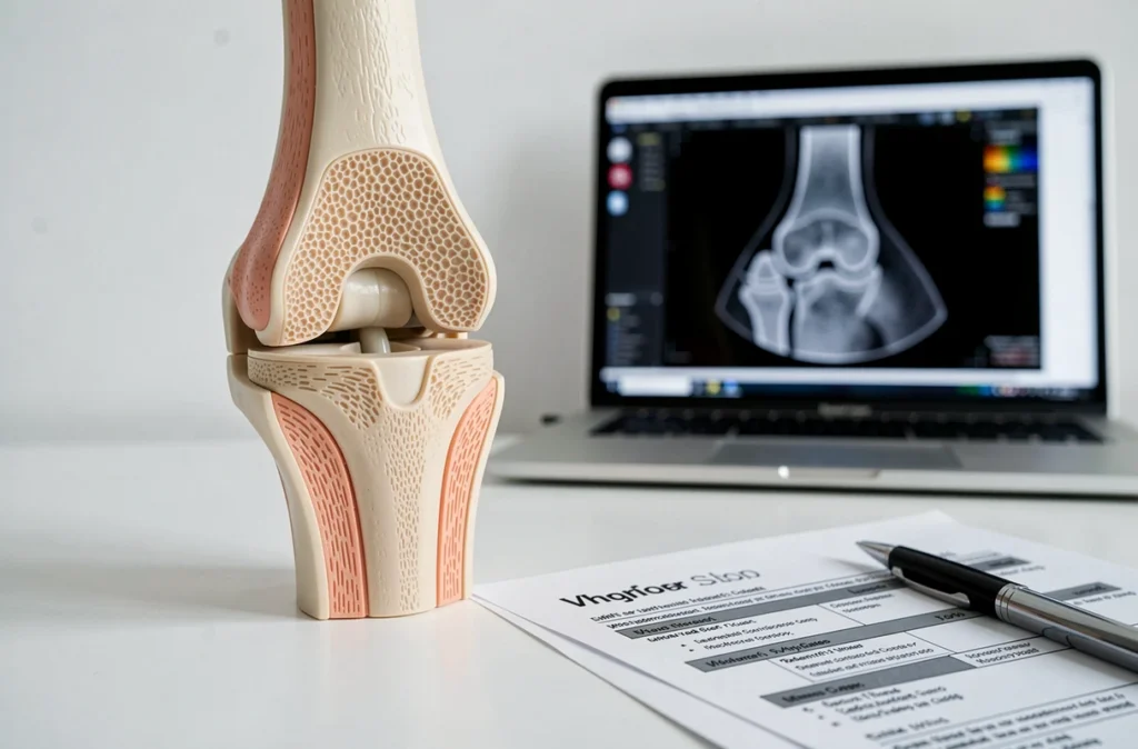 Modèle anatomique du genou posé sur un bureau médical avec rapport IRM imprimé illustrant le liquide synovial et l'épanchement articulaire