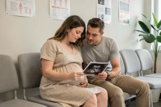 Couple attendant une consultation prénatale ensemble, le partenaire tenant l'échographie avec attention dans une salle d'attente médicale moderne