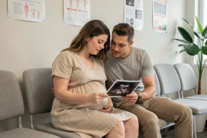 Couple attendant une consultation prénatale ensemble, le partenaire tenant l'échographie avec attention dans une salle d'attente médicale moderne