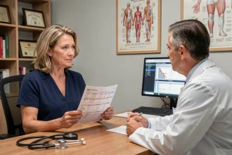 Patiente en consultation médicale tenant ses résultats d'analyse sanguine et discutant d'un TCMH bas avec son médecin généraliste