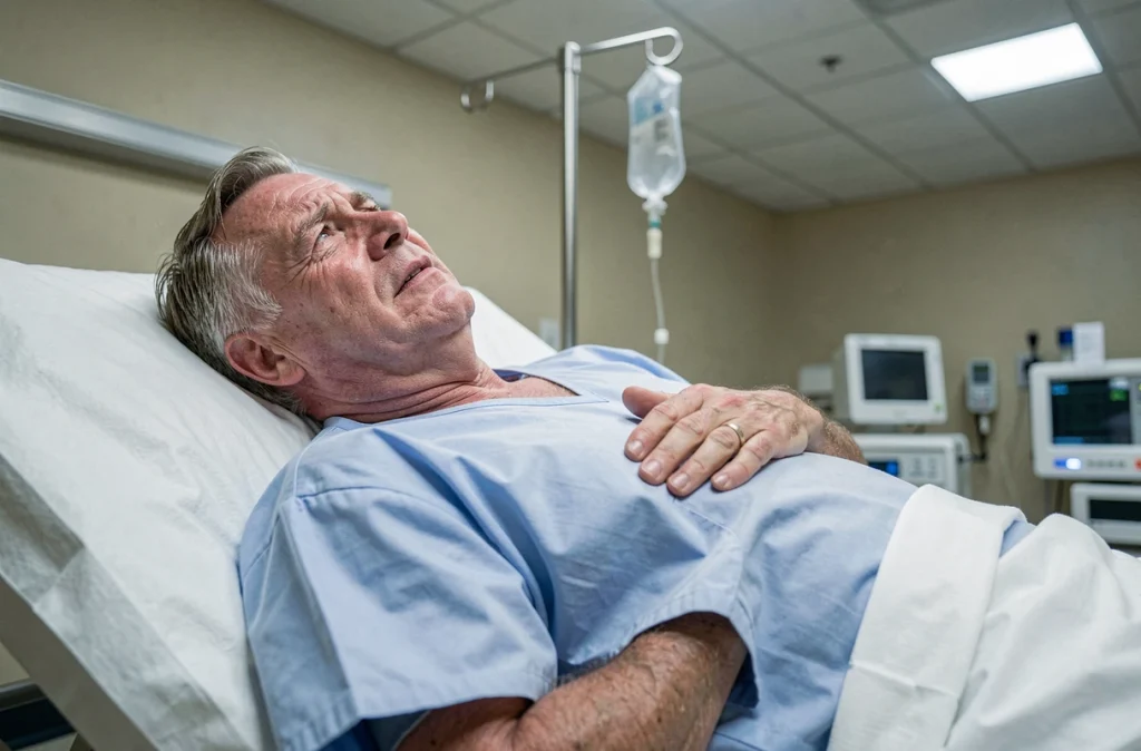 Patient allongé sur un lit d'examen médical avec douleur thoracique, consultation pour suspicion de côte fêlée