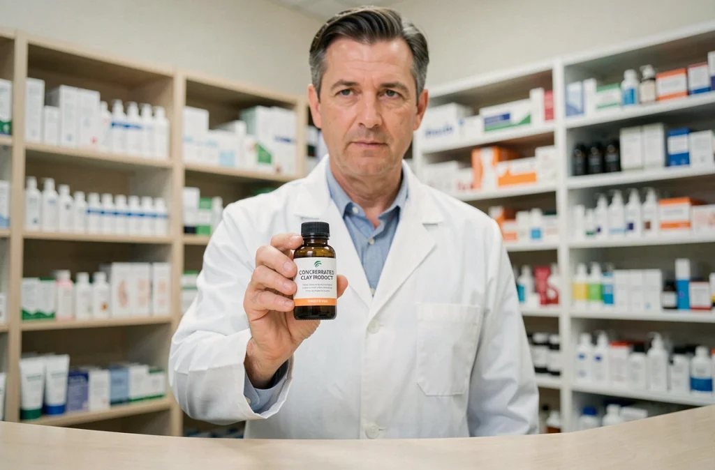 Pharmacien présentant un flacon de Phytargile concentré en officine