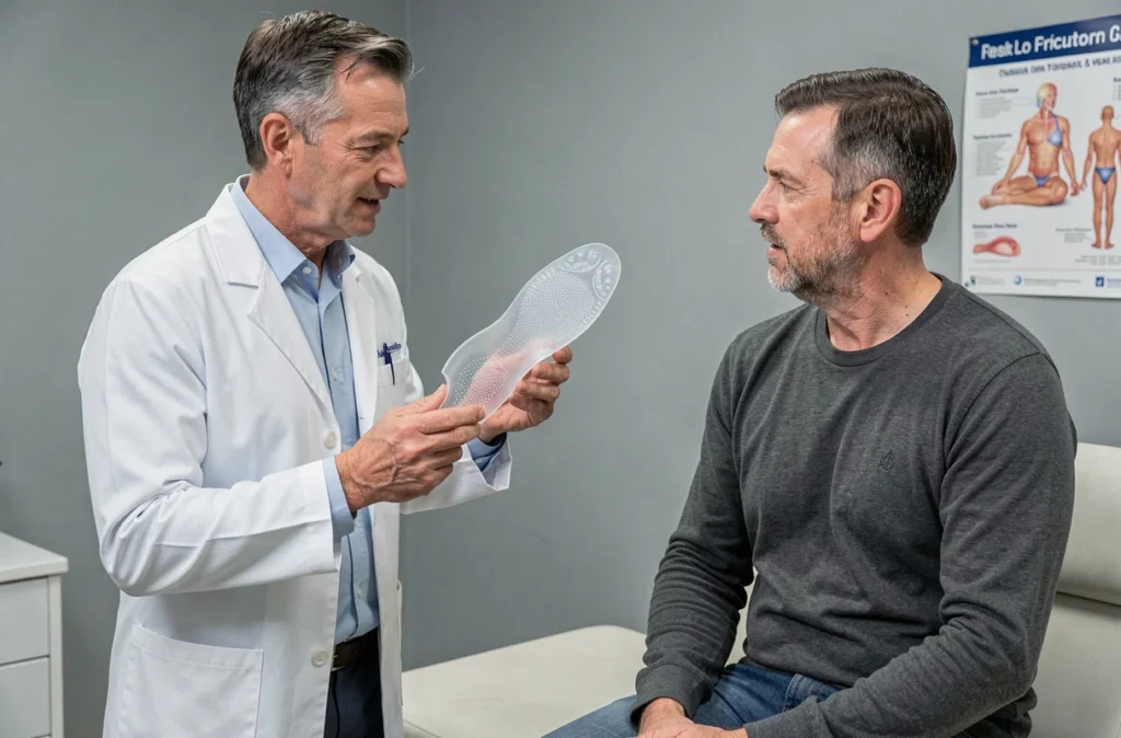 Podologue expliquant une semelle de soutien pour épine calcanéenne à un patient en cabinet médical