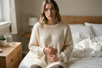 Jeune femme enceinte assise sur son lit, les mains sur le ventre, découvrant les premiers signes de grossesse
