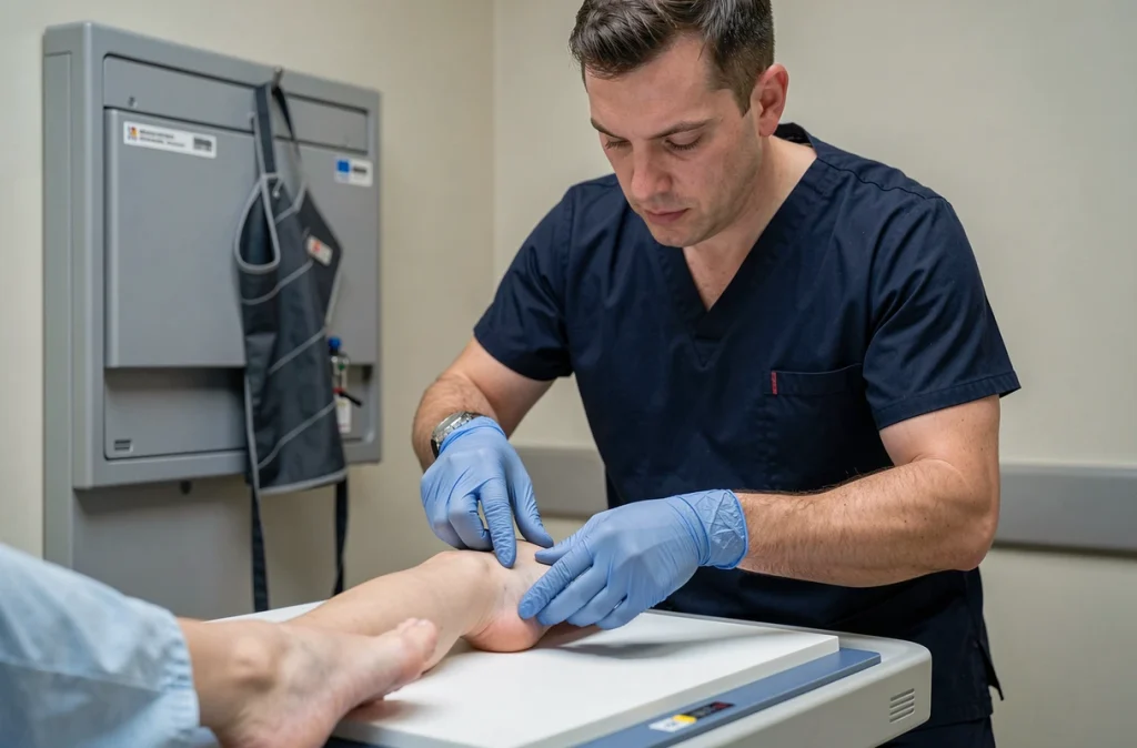 Technicien en radiologie positionnant le talon gauche d'un patient pour une radiographie