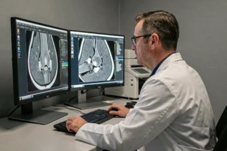 Radiologue analysant une IRM du genou montrant un épanchement intra-articulaire sur double écran en salle de lecture radiologique
