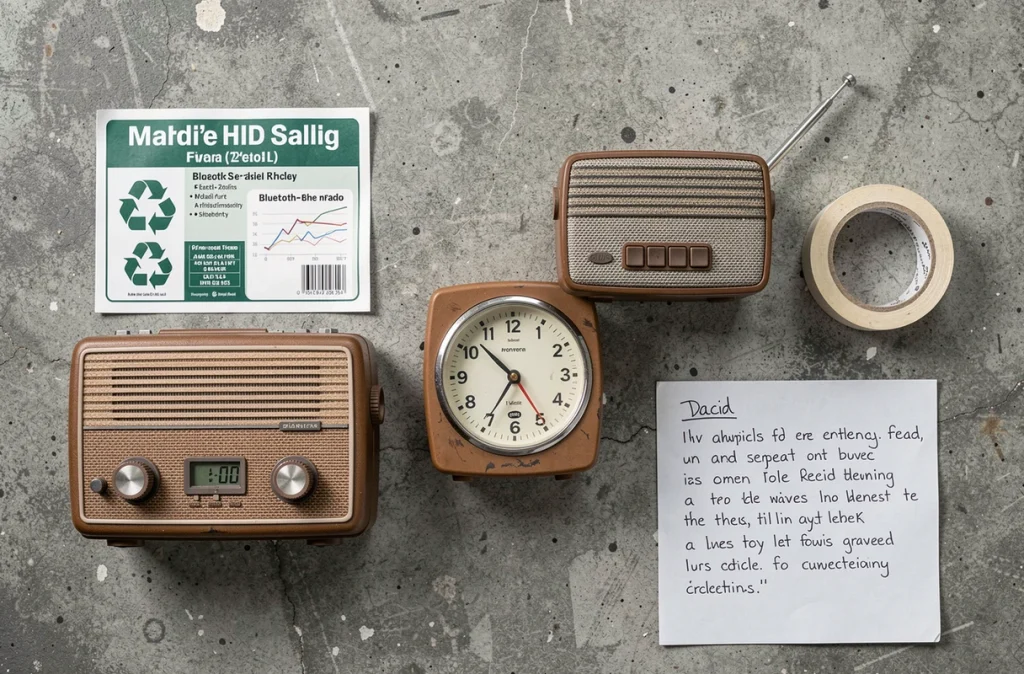 Vue de dessus de plusieurs vieilles radios prêtes à être envoyées par courrier pour recyclage sans point de collecte