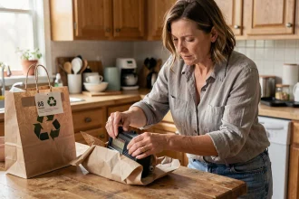 Femme emballant une vieille radio pour la recycler à domicile sans point de collecte proche