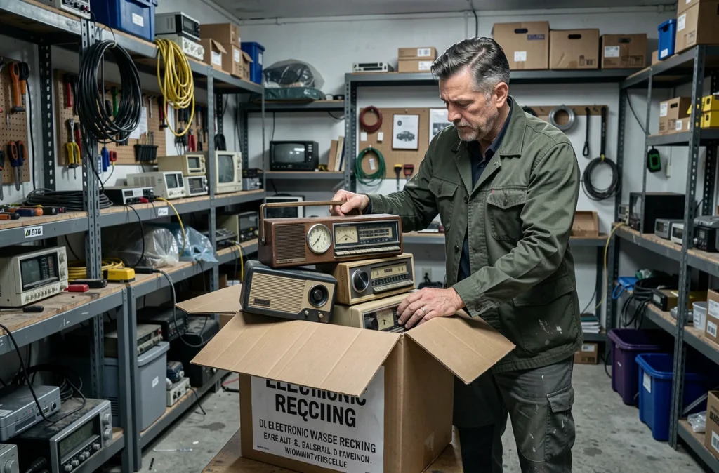 Homme déposant des vieilles radios dans un carton de collecte de déchets électroniques dans un garage