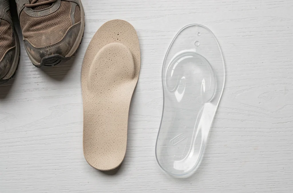 Deux semelles orthopédiques pour épine calcanéenne en mousse et en silicone posées côte à côte sur une surface blanche