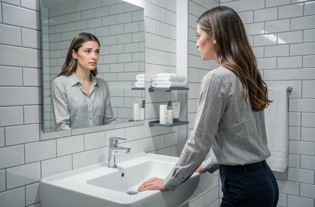 Femme se regardant dans le miroir de la salle de bain, prenant conscience des premiers symptômes physiques de la grossesse