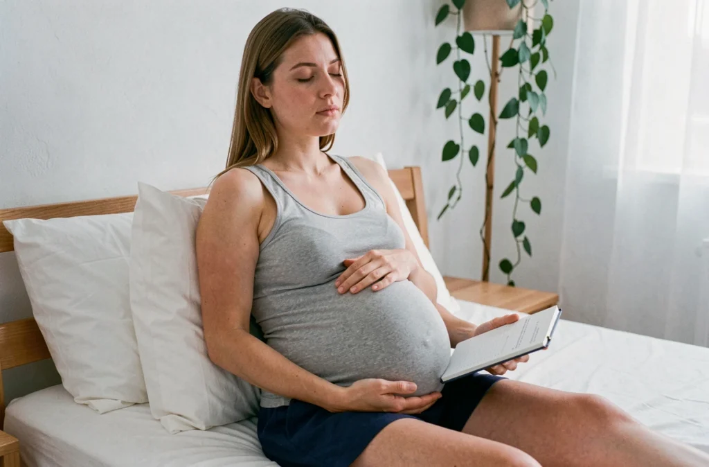 Femme enceinte de six mois assise dans son lit avec un journal de grossesse, ventre arrondi apparent, ambiance chambre scandinave apaisante