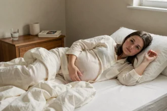 Femme enceinte au premier trimestre allongée sur le côté dans sa chambre cosy, tenant un oreiller de grossesse, expression fatiguée et apaisée