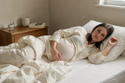 Femme enceinte au premier trimestre allongée sur le côté dans sa chambre cosy, tenant un oreiller de grossesse, expression fatiguée et apaisée