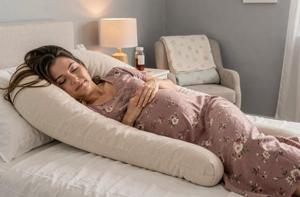 Femme enceinte au troisième trimestre endormie sur le côté gauche entourée d'un oreiller de grossesse en U, chambre prénatale douce et apaisante