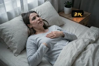 Femme allongée dans son lit la nuit, les yeux ouverts, main posée sur la poitrine, exprimant une sensation de vibration corporelle nocturne et d'insomnie