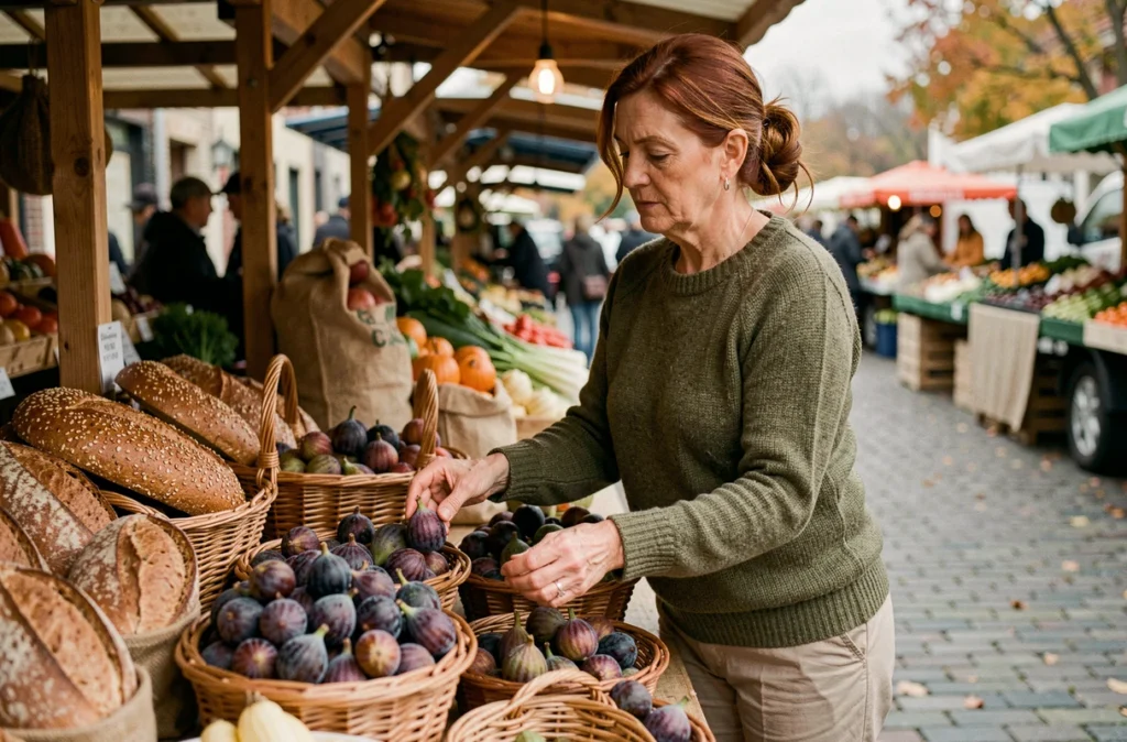 Femme choisissant des aliments riches en fibres comme figues et pruneaux sur un marché de producteurs pour améliorer le transit intestinal