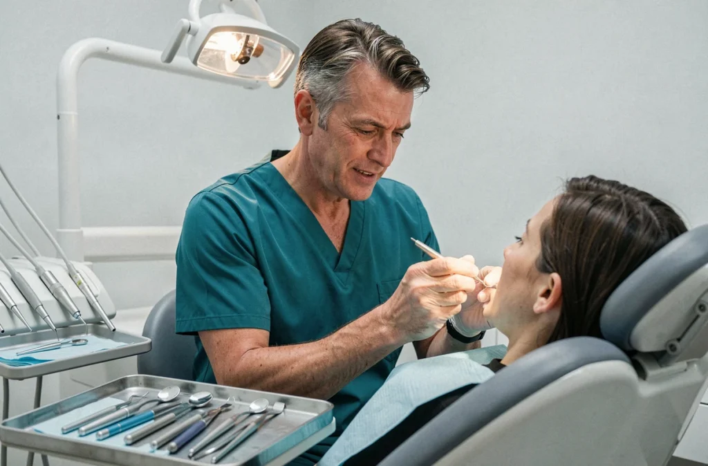 Dentiste Laurent Bergeron en train d'effectuer un examen buccal sur un patient dans son cabinet du Morbihan