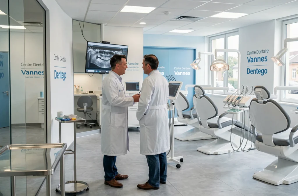 Centre dentaire Dentego à Vannes avec dentistes en consultation devant un écran radiographique numérique