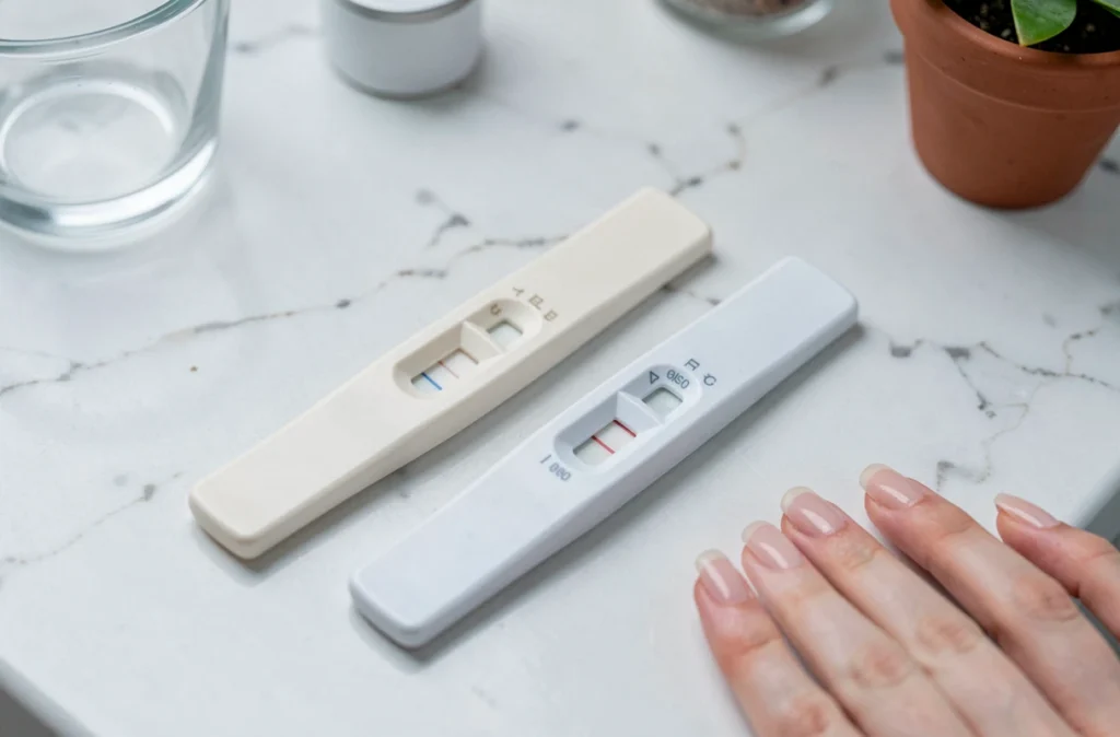 Gros plan de deux tests de grossesse sur marbre blanc comparant une barre d'évaporation et un résultat positif net