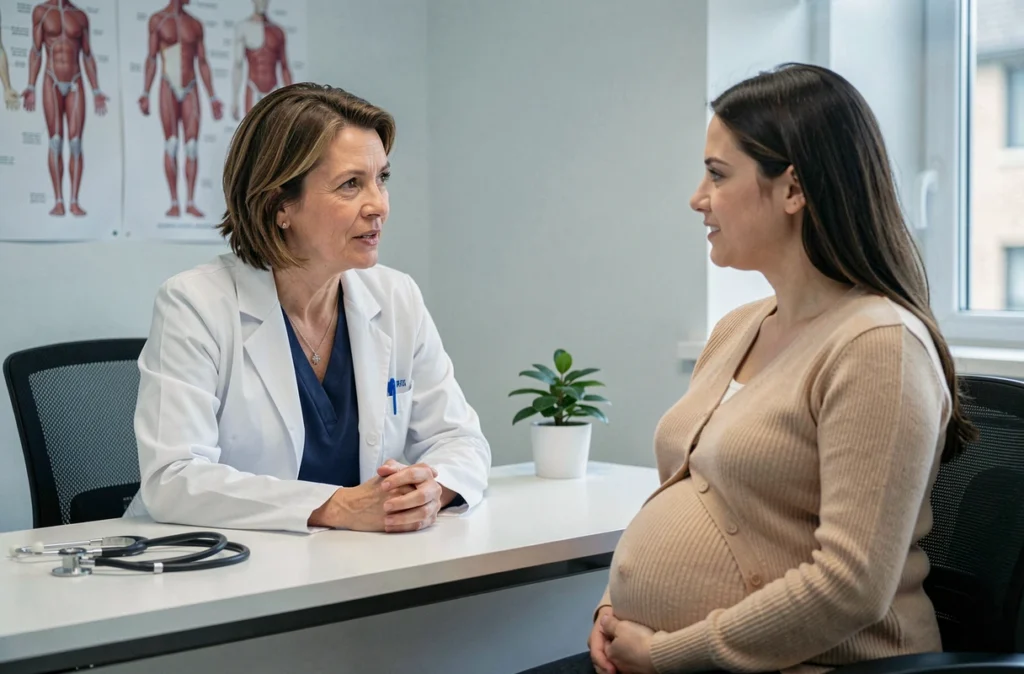Médecin généraliste en consultation avec une femme enceinte pour évaluer les risques de la scarlatine pendant la grossesse