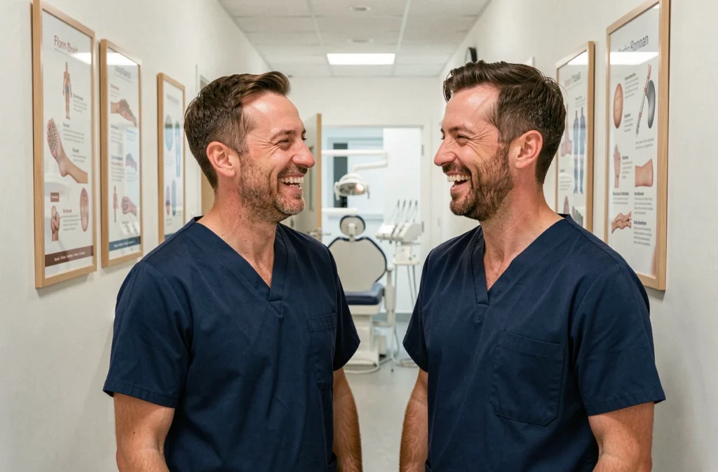 Dr Aymeric Folliard et Dr Timothé Marrien, dentistes associés à Lorient, en moment de complicité professionnelle