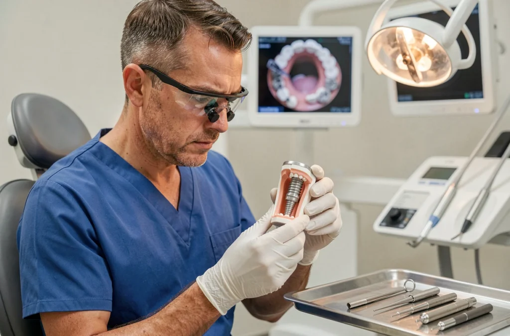 Dr Xavier Raude, implantologiste, examinant un modèle d'implant dentaire avec précision dans son cabinet