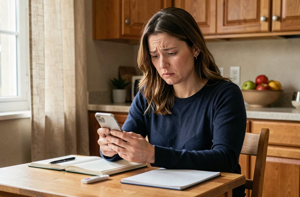 Femme assise à une table de cuisine consultant son téléphone après un doute sur le résultat d'un test de grossesse