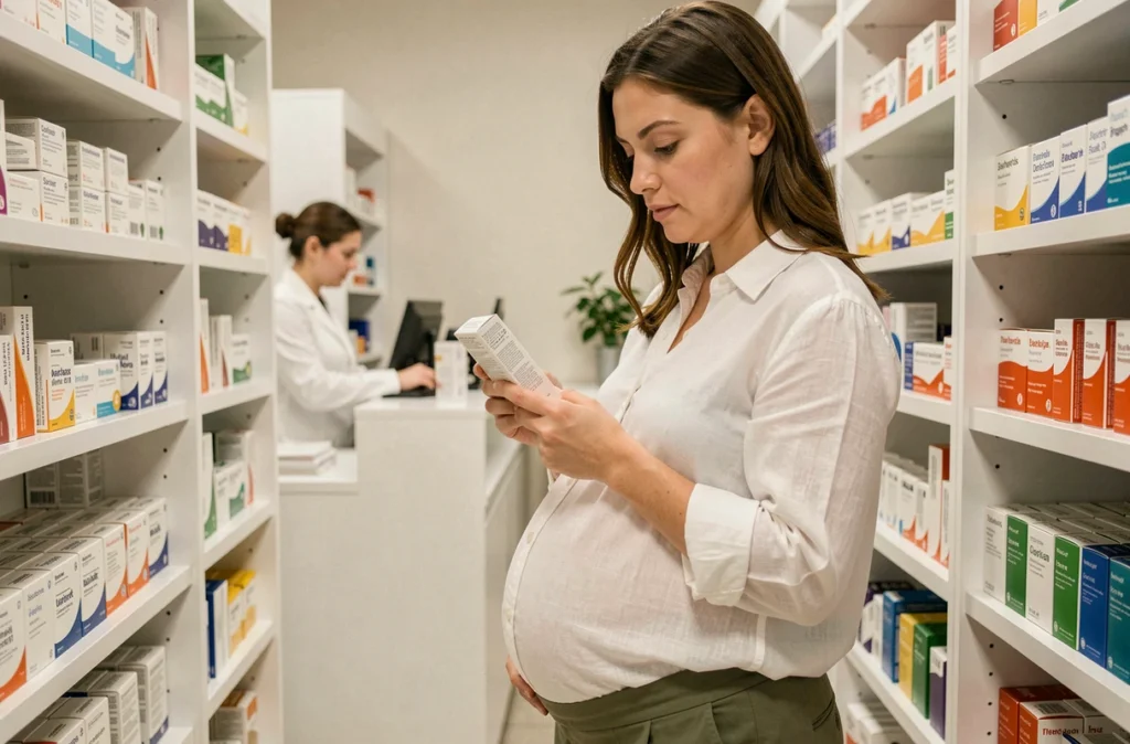 Femme enceinte lisant attentivement la notice d'un médicament en pharmacie dans le contexte d'une infection à la scarlatine