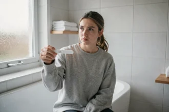 Jeune femme tenant un test de grossesse dans une salle de bain moderne, visage pensif, résultat ambigu sur le stick