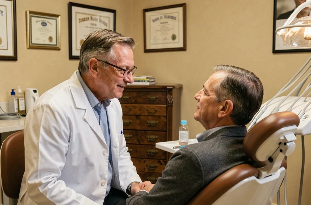 Dentiste Yves Le Neveu en consultation avec un patient dans son cabinet dentaire du Morbihan