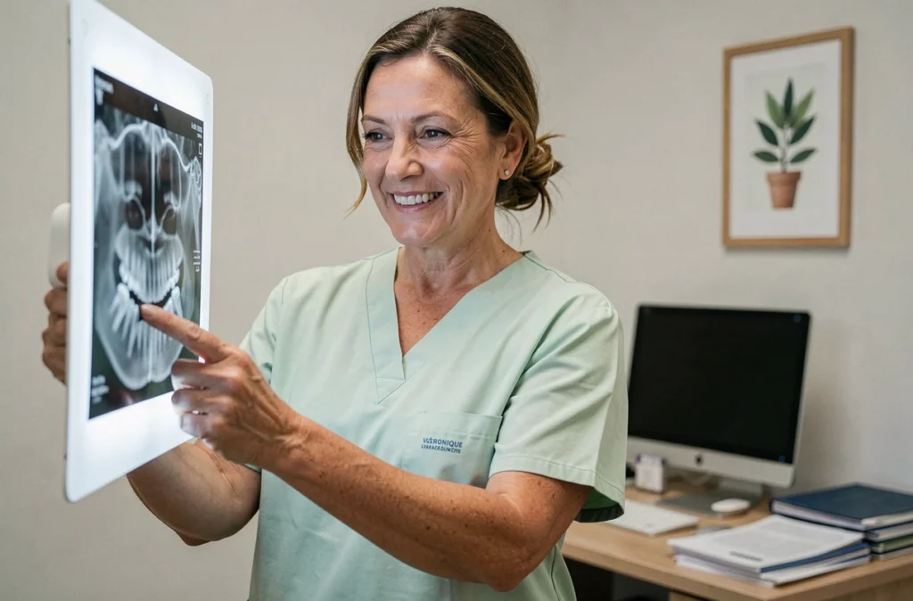 Dentiste Véronique Lemaçon-Ermann analysant une radiographie panoramique dans son cabinet du Morbihan