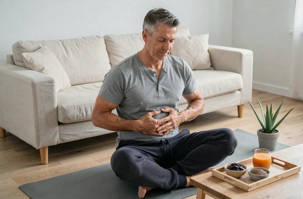 Homme pratiquant un massage abdominal pour soulager la constipation sur un tapis de yoga dans un salon scandinave