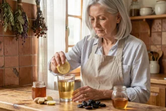 Femme âgée préparant un remède de grand-mère contre la constipation avec citron, gingembre et eau chaude dans une cuisine rustique